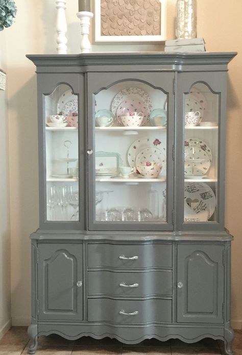 Painted China cabinet Redone China Cabinet, French Provincial China Cabinet Makeover, Vintage China Cabinet Makeover, Gray China Cabinet, Painted China Cabinet Ideas, Grey China Cabinet, Repurposed China Cabinet, Painted China Cabinet, China Cabinet Redo