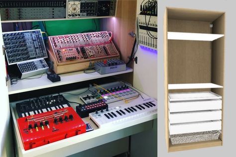 Fabulous Synth Workstation organized in an IKEA PAX wardrobe - IKEA Hackers Recording Studio Diy, Wardrobe Ikea, Ikea Pax Wardrobe, Pax Wardrobe, Ikea Store, Studio Diy, Ikea Hackers, Home Studio Music, Disco Lights