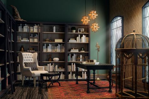 Dumbledore Study Harry Potter House Interior, Hogwarts Inspired Decor, Harry Potter Basement, Harry Potter Dining Room, Hogwarts Office, Harry Potter Office Decor, Harry Potter Interior Design, Harry Potter Interior, Harry Potter Office