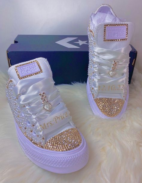 Rhinestone Chuck Taylors, Bedazzled Converse Wedding, Sweet 16 Sneakers, 12 Birthday Outfit Ideas, Wedding Chucks Converse, Cute High Top Converse, Quinceanera Shoes Sneakers, Bedazzle Sneakers, Quince Shoes Sneakers