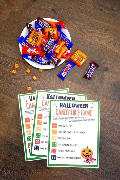 Free Printable Halloween Candy Dice Game for Kids - Scattered Thoughts of a Crafty Mom by Jamie Sanders Halloween Candy Games For Kids, Candy Dice Game Printable Free, Candy Bar Game With Dice, Halloween Candy Games, Halloween Candy Bar Ideas, Candy Games For Kids, Halloween Dice Game, Halloween Candy Dice Game, Dice Games For Kids