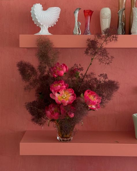 Smokebush and peonies to celebrate the previous tenant’s smoke shop sign I refuse to take down (idk how to get up there to take it down) Space Flowers, Arranging Flowers, Summer Florals, Floral Work, Making A Bouquet, Shop Sign, Rose Arrangements, Commercial Space, Flower Arranging