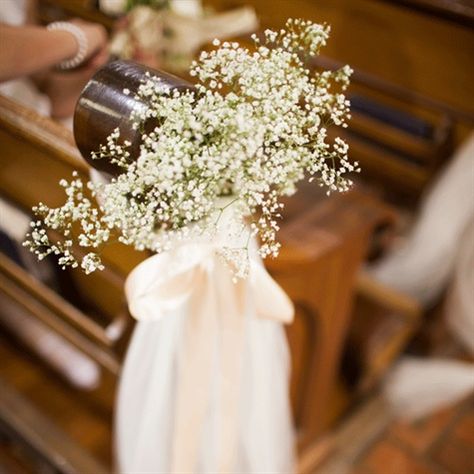 Keeping with baby's breath idea....to mark the aisles for family members. Bows For Church Pews Wedding, Wedding Pew Decorations, Pew Decor, Pew Decorations, Wedding Pews, Aisle Markers, Rose Floral Arrangements, Pew Bows, Church Wedding Decorations