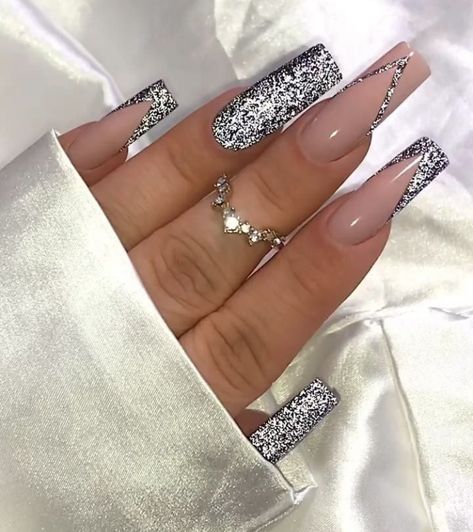 Silver Sparkle Nails, Almond Acrylic Nails Designs, January Nail Designs, Fireplace Tv Wall Decor, Silver Nail Designs, Room 2023, Fireplace Tv Wall, Gel Nail Art Designs, Long Acrylic Nail Designs