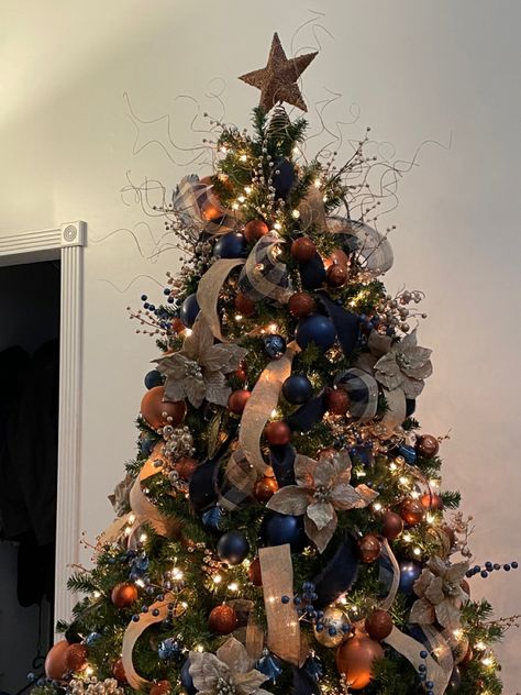 Neutral And Navy Christmas Tree, Blue And Wood Christmas Tree, Cooper And Blue Christmas Tree, Blue Copper Christmas Tree, Christmas Tree Brown And Blue, Navy Blue And Orange Christmas Tree, Navy And Rust Christmas Tree, Navy Copper Christmas Tree, Christmas Tree Navy Blue And Gold