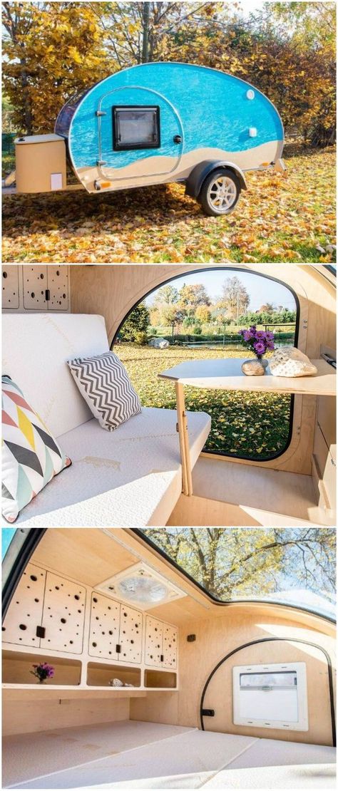 This tiny teardrop camper is a Scandi style lover�s dream. #teardroptrailer #camping #glamping Renault Kangoo Camper, Opel Vivaro Camper, Renault Master Camper, Iveco Daily Camper, Teardrop Trailer Interior, Teardrop Trailer Camping, Teardrop Camper Interior, Vw T4 Camper, Diy Teardrop Trailer