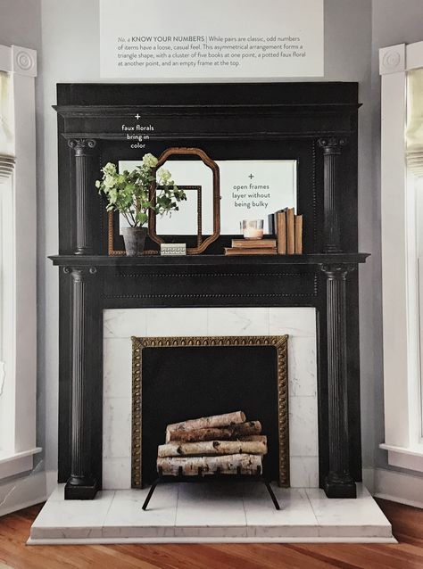 LOVE this fireplace surround, the stone and the wood that looks like it could be antique. The lines are still really clean to me and the black/white combo feels contemporary (which I suppose is what I like when I was saying modern at first). Black Fireplace Mantels, Black Fireplace Mantel, Victorian Fireplace Mantels, Wood Fireplace Surrounds, Fireplace Feature Wall, Antique Fireplace Mantels, Fireplace Update, Vintage Fireplace, Fireplace Mantle Decor