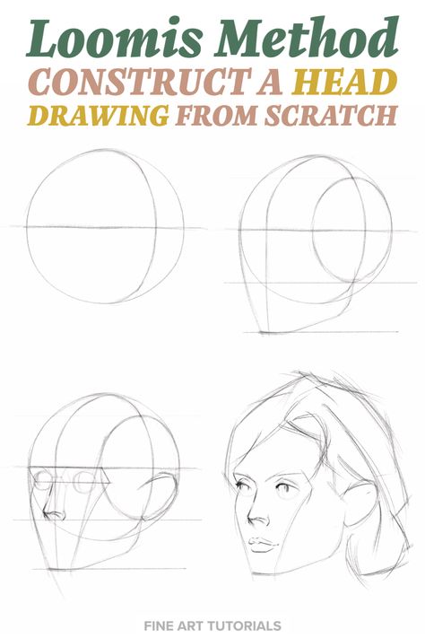 Construct a head from scratch using the Loomis Method for drawing faces and portraits. Learn about this famous method and try to draw your own turned head, by following the step by step guide. #loomismethod #headdrawing #portraitdrawing #drawingmethod #facedrawing #howtodrawahead #drawingtechniques #beginnerdrawing Drawing The Face Step By Step, Drawing Faces Guide, Draw A Head Step By Step, How To Draw Facial Proportions, Portrait Drawing Techniques Step By Step, Portrait Drawing For Beginners Step By Step, Drawing People Tutorial Step By Step, How To Draw Porpotion Face, Face Dimensions Drawing