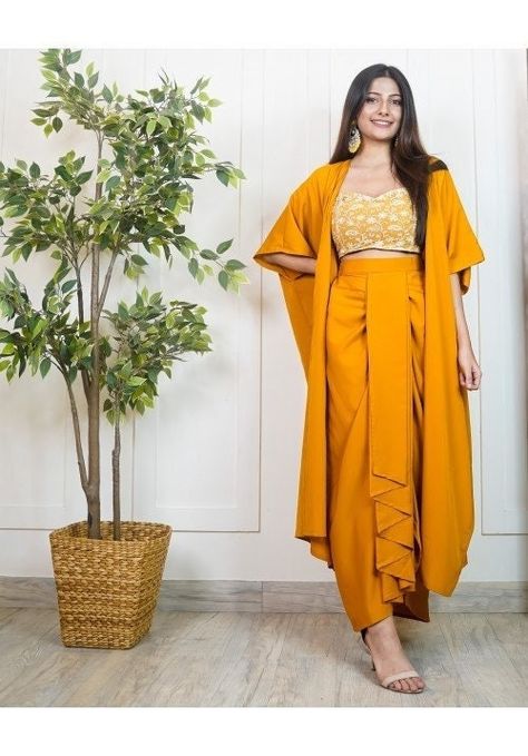 Embroidered Crop Top With Dhoti Skirt And Long Jacket VitansEthnics Modest Indian Wear, Party Wear Outfits Western, Dhoti Dresses For Women, Crop Top With Dhoti, Indian Dress Wedding, Indo Western Outfits For Women, Dhoti Skirt, Indo Western Dresses For Women, Western Dress For Women