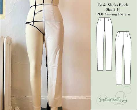 "This is a digital pattern for a women's basic Slacks pattern block, size 2-14. These blocks are meant to be used for fitting and as a starting point for drafting more complex patterns. Use the size chart to determine your size, then follow the line guide to cut out the appropriate size block. These do NOT include seam allowances. This is a Slim Fit pattern, so there is 1/2\"-1\" of ease around the body. You may need to add to the pattern for a looser fit. The length is Ankle-length, because the Basic Pants Pattern, Slacks Pattern, Slack Pattern, Complex Patterns, Basic Pants, Fitting Pants, Pants Sewing Pattern, Clothes Sewing, Full Dress