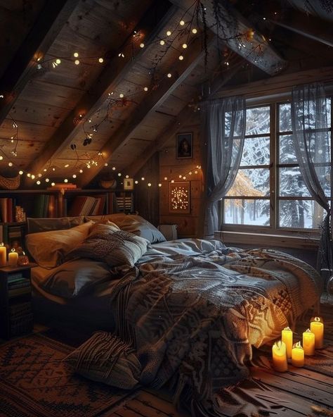 Comfy Cabin Bedroom, Comfy Bed Aesthetic Dark, Rustic Loft Bedroom Ideas, Cozy Room Ideas Aesthetic Dark, Dark Cabin Bedroom, Winter Cabin Bedroom, Slanted Roof Bedroom, Gloomy Room, Cozy Cabin Bedrooms