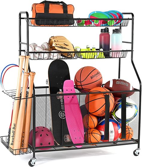 Amazon.com: Home-it Ball Rack for Garage - Indoor & Outdoor Garage Ball Organizer Holder with Baskets, Rolling Wheels & Breaks - Large Capacity Garage Sports Equipment Organizer - Heavy Duty Steel Storage Cart : Sports & Outdoors Sports Gear Organization, Ball Organizer, Indoor Outdoor Garage, Sports Equipment Organization, Organizing With Baskets, Sports Equipment Storage, Outdoor Garage, Sports Storage, Sport Rack