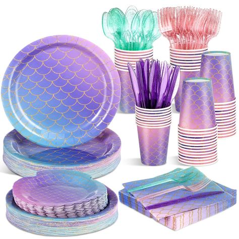 PRICES MAY VARY. Abundant Party Supplies: our mermaid party supplies set includes 50 shell shaped 7 inch paper plates, 50 round 9 inch paper plates, 50 paper napkins, 50 cups, 50 clear purple gold powder knives, 50 clear pink gold powder forks, and 50 clear green gold powder spoons; With a total of 350 pieces, this set is suitable for serving up to 50 guests, ensuring everyone can enjoy the mermaid themed celebration Enchanting Fish Scale Design: the classic colorful fish scale pattern on the ta Mercat Birthday Party, Mermaid Centerpiece Ideas, Barbie Mermaid Birthday Party, Mermaid First Birthday Party, Mermaid Table Decorations, Mermaid Table, Mermaid Pool, Mermaid Party Supplies, Mermaid Baby