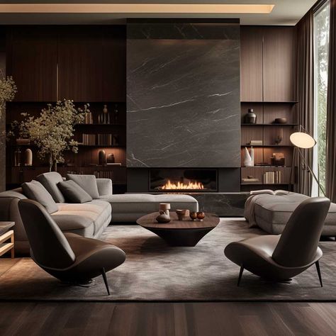 Grey And Brown Living Room, Modern Luxury Living Room, Modern Luxury Interior, Japandi Living, Dark Living Rooms, Decor Fireplace, Luxury Living Room Design, Design Room, Brown Living Room