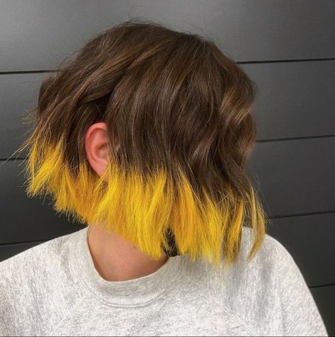 Dye For Short Hair, Dye Hair Short, Smokey Blonde Hair, Dip Dye Hair Short, Block Hairstyle, Yellow Hair Color Ideas, Blonde Hair With Black, Blonde Dip Dye, Underdye Hair