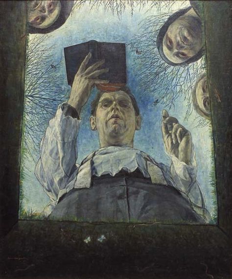 Hans Weingaertner, Seen from the Grave, 1932, Oil on canvas, 40 x 34 1/8 Purchase, 1996 96.17 German born Weingaertner painted in a realist manner, however his canvases often had a haunting and surreal effect due to his unusual vantage points, as in this view upwards from an open grave. Open Grave Drawing, Unusual Perspective Art, Ripping Chest Open Art, Grave Painting, Grave Illustration, Open Grave, Unusual Perspective, Surrealism Drawing, Surealism Art