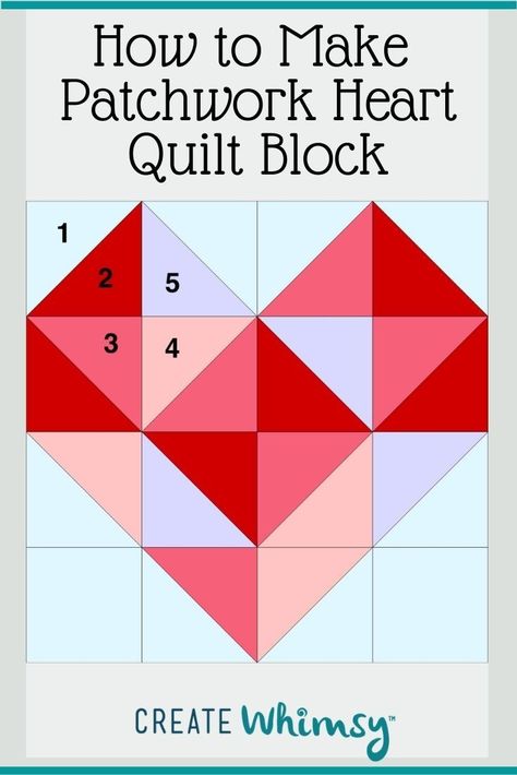 Learn how to make this simple heart quilt block pattern using only squares and half square triangles, perfect for beginners who want to practice patchwork and half square triangles. Scrappy Heart Quilt Block Pattern, Quilt Patterns With Hearts, Heart Quilt Pattern Easy, Heart Quilt Square, Heart Blocks Made Easy, Valentine Quilt Patterns Free, Heart Quilt Blocks Free Pattern, Scrabble Quilt, Heart Quilt Blocks