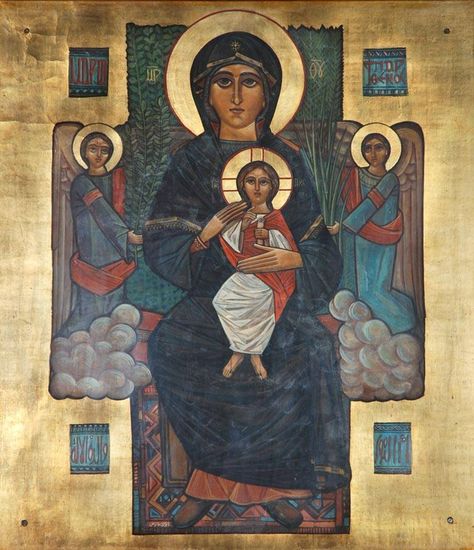 Early icon of the Virgin by Isaac Fanous, circa 1970. St George Coptic church, Sporting, Alexandria Coptic Marker Art, Coptic Art Pattern, Coptic Icons, St George Coptic Icon, Virgin Mary Coptic Icon, Church Icon, Tableau Art, Religious Icons, St Mary