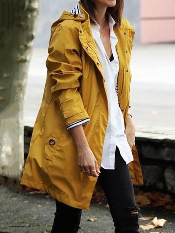 SPU:E55OU9C4EAAPattern Type:SolidSleeve Type:Long SleeveElasticity:Non-stretchyThickness:LightweightMaterial:PolyesterNeckline:HoodieOccasion:DaytimeProcess:Paneled,Buttoned,PocketsStyle:CasualTheme:Winter,Spring,FallColor:Light Gray,Yellow,Khaki,BlackSize:S,M,L,XL,XXL,3XL,4XL,5XLShoulder (cm):S:38, M:39, L:40, XL:41, XXL:42, 3XL:43, 4XL:44, 5XL:45Length (cm):S:75, M:76,... Yellow Raincoat Outfit, Trench Coat Outfit Spring, Yellow Trench Coat, Raincoat Outfit, Jacket Outfit Women, Trench Coat Outfit, Yellow Coat, Raincoat Jacket, Yellow Raincoat