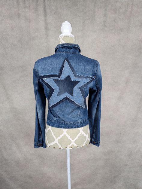 Upcycled denim jacket with frayed star detail on the back. Original tag says medium but fits more like a small. Bust measures 34". Upcycling Jeans, Upcycled Denim Jacket, Recycle Jeans, Womens Jackets, Upcycled Denim, Small Bust, Denim Jacket, Jackets For Women, Jackets & Coats