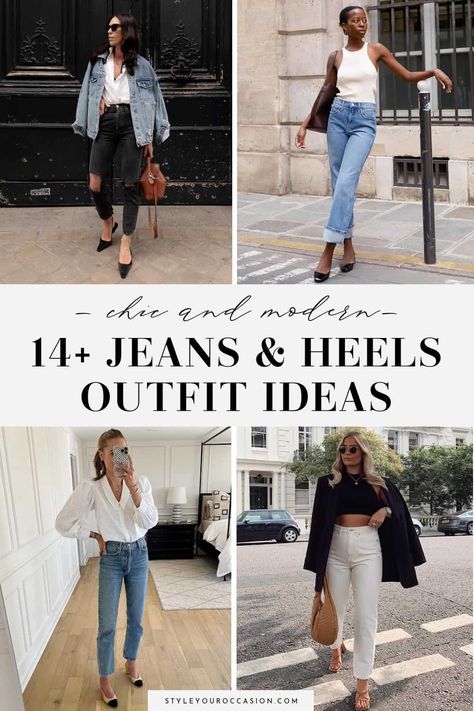 Looking for stylish jeans and heels outfit ideas? This list of jeans and heels outfits has tons of options for spring, summer, fall, and winter. Whether you want heels and jeans for a night out at the club, a dressy option for date night, a casual going out look, or classy jeans with heels and blazer for work, you’ll find the perfect aesthetic here! Dressy Jeans Outfit Spring, Neutral Going Out Outfit, Date Night Outfit Jeans Heels, Jeans With Heels Outfits Dressy, Spring Date Night Outfit Dressy, Jeans Party Outfit Night, Jeans Heels Outfit Night Classy, Jeans And Heels Outfit Dressy Classy, Heels With Jeans Night Out