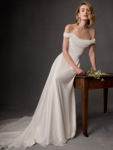 Wedding Reception Ideas Dress, Classic Dress Wedding, Wedding Dresses Off Shoulder Sleeves, Simple Silk Wedding Dresses, 2 Looks In 1 Wedding Dress, Off Shoulder Wedding Dress Silk, Veil For Satin Wedding Dress, Long Sleeve Wedding Dress Off The Shoulder, Anastasia Steele Wedding Dress