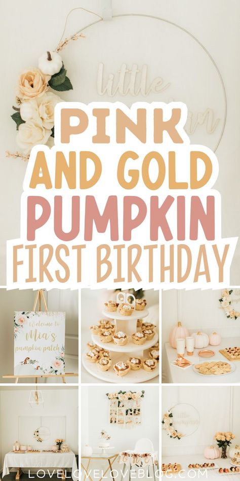 Pink and gold boho pumpkin first birthday party ideas for a one year old girl. Fall Birthday Theme, Fall Baby Birthday, Little Pumpkin Birthday Party, 1st Birthday Foods, Pumpkin Birthday Party, Fall First Birthday, Pumpkin Patch Birthday, Fall 1st Birthdays, Baby First Birthday Themes