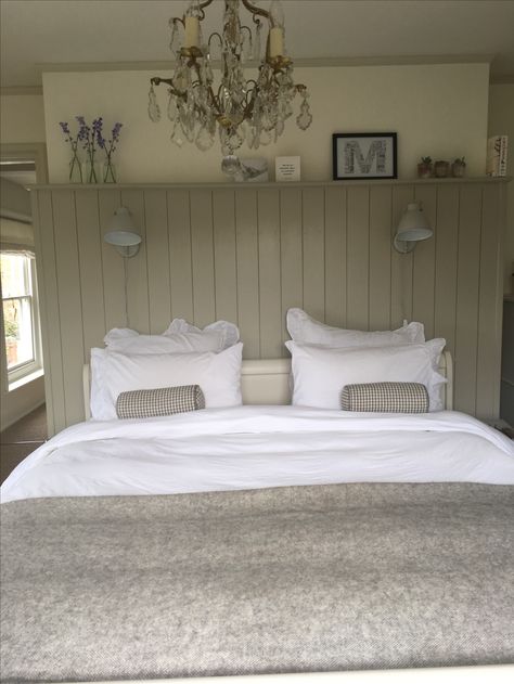 Bedroom With Tongue And Groove Walls, Tongue In Groove Panelling, Tongue Groove Panelling Bedroom, Panelling Tongue And Groove, Farrow And Ball Bedroom Panelling, Panelled Ceiling Bedroom, Cottage Bedroom Panelling, Painted Tongue And Groove Walls Bedroom, Tongue And Grove Wall Panelling