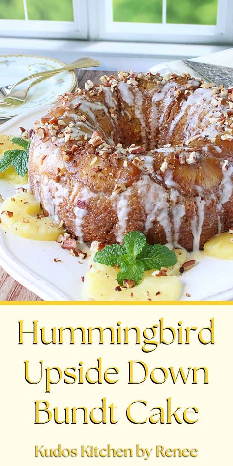 Moist and full of sweet banana and pineapple flavor, this Hummingbird Upside Down Bundt Cake is a delicious, mouth-watering dessert you'll want to serve for any occasion. #bundtcake #hummingbirdcake #upsidedowncake #boxcakemix #bananapineapplecake #pokecake #pokebundtcake Hummingbird Bundt Cake Southern Living, Hummingbird Bundt Cake From Box Recipe, Hawaiian Roll Bundt Cake 12 Tomatoes, Cake Box Bundt Cake Recipes, Hummingbird Cake From Box Recipe, Banana Pudding Bundt Cake, Pineapple Bundt Cake Recipe, Caramel Toffee Recipe, Breakfast Bundt Cake Recipes