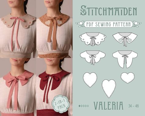 "VALERIA COLLAR PACK + PATCH POCKETS | PDF Sewing Pattern STITCHMAIDEN | Valentines Collection * This is a digital instant download PDF * language: english  Easy and quick to sew accessories like detachable collars and patch pockets are perfect to dress up an outfit - try it out with these Valentines day inspired designs. Roses are red, the violets are blue, the Valeria accessory pack is cute, and so are you! This romantic collar set is perfect to sweeten up your looks for a your romantic day. Whether you want to add a subtle romantic hint to your everyday outfits, or if you want to create a whole valentines day outfit - you will find many possibilities with this heart-shape inspired accessory pack! Why not add a heart shape patch pocket to your jeans, cardigan or skirt? Detachable collars Alice In Wonderland Sewing Pattern, Sewn Doll Pattern, Diy Outfit Accessories, Beginning Sewing Projects Easy, Free Cottagecore Sewing Patterns, Easy Sew Gifts, Wings Sewing Pattern, One Yard Sewing Projects, Sewing Patterns For Tops