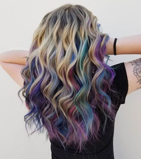 Colorful Hair Underneath Blonde, Peek A Boo Mermaid Hair, Colorful Hair For Blondes, Mermaid Highlights Blondes, Blonde Fun Hair Color, Chunky Multi Colored Highlights, Blonde And Fashion Color Hair, Colorful Hair With Blonde, Blonde With Fashion Colors