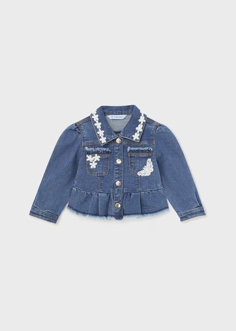 Baby ruffled denim jacket Better Cotton Ruffled Denim Jacket, Polo Shirt Outfits, Girls Denim Jacket, Chic Outerwear, Fashion Top Outfits, Stretch Cotton Fabric, Girls Outerwear, Embroidered Collars, Girls Denim