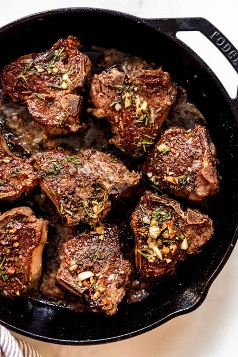 These Pan Seared Lamb Loin Chops are made with fresh rosemary & thyme, aromatic garlic, and delicious butter. These lamb chops are so flavorful but also simple to prepare. All you need is your cast iron pan to get that wonderful crust you get at a fancy restaurant from the comfort of your own home! Lamb Loin Chop Recipes Cast Iron, How To Prepare Lamb Chops, Lamp Chops Recipe, Lamb Loin Recipes, Lamb Loin Chop Recipes, Lamb Chops Pan Seared, Unhealthy Recipes, Loin Recipes, Lamb Loin Chops