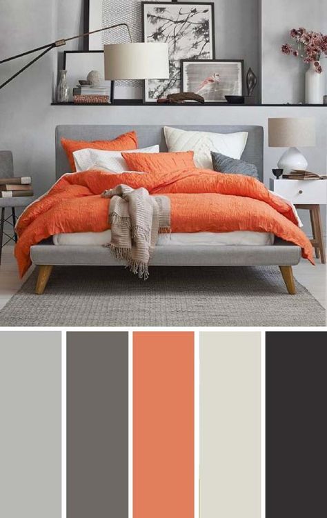 Colors That Go With Orange-Orange Color Combinations | Homesthetics - Inspiring ideas for your home. Grey Orange Bedroom, Choosing Bedroom Colors, Best Bedroom Paint Colors, Beautiful Bedroom Colors, Orange Bedroom, Bedroom Orange, Bedroom Color, Bedroom Color Schemes, Beautiful Bedroom