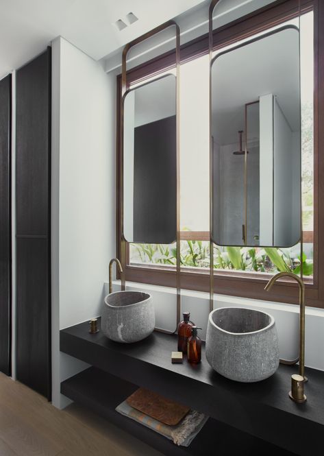 Gridwork and geometry defines twin boutique Athens residences Long Counter Bathroom, Mirror In Toilet, Suspended Mirror, Counter Bathroom, Marble Sink, Concrete Bathroom, Concrete Building, Timber Structure, Marble Sinks