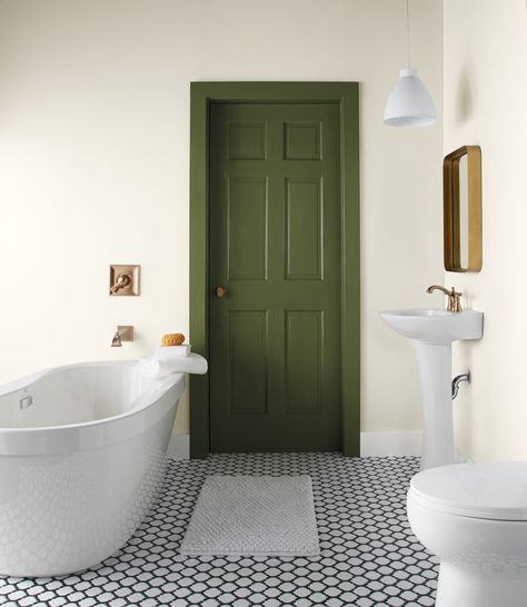 Walls: White 52;Trim: Ultra Pure white UL260-14;Door: Secret Meadow S360-6 Tapet Inspiration, Olive Green Paints, Semi Gloss Paint, Behr Paint Colors, Green Paint Colors, Green Door, Gloss Paint, Accent Doors, Green Interiors