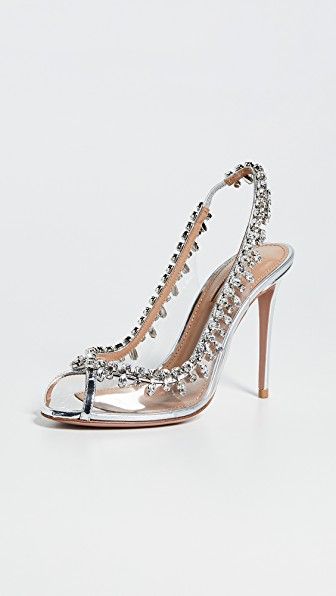 AQUAZZURA TEMPTATION 105 EMBELLISHED METALLIC LEATHER AND PVC SLINGBACK PUMPS. #aquazzura #shoes Aquazzura Temptation, Best Bridal Shoes, Silver Outfits, Aquazzura Shoes, Crystal Sandals, Bridal Heels, Gorgeous Shoes, Dream Shoes, Slingback Sandal