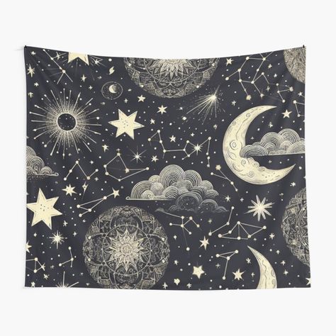 Get my art printed on awesome products. Support me at Redbubble #RBandME: https://www.redbubble.com/i/tapestry/Starry-Night-Sky-by-LyssasMindArt/157373031.ODB3H?asc=u Constellation Tapestry, Sky Tapestry, Celestial Design, Moon Tapestry, Starry Night Sky, White Stars, The Night Sky, Tapestry Design, Room Inspo