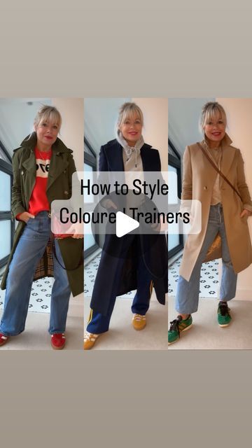 Fran Bacon on Instagram: "I have an addiction to coloured gazelles and sambas 😉Which colour do you prefer ❤️💙💛💚 ? Just add socks 🙌🏻 Look 1: Jumper @bella_freud @32theguild Jeans @seventymochi Trainers @adidasoriginals gazelles Trench @burberry Bag @loewe Outfit 2: Jumper @raefeather Jeans @thefashion_lift x @donnaida old design Trainers @adidasoriginals gazelles Fleece @damsonmadder Outfit 3: Trainers and tracksuit bottoms @adidasoriginals Hoody @hm Coat @insidejigsaw Bag @kaaibags Outfit 4 Jumper @zara Jeans @citizensofhumanity Trainers @adidasoriginals x @walesbonner Coat @jaegerofficial old Bag @chloe #adidasgazelle #adidas #sneaker #sneakeraddict #howtostyle #trainers #adidasoriginals #adidassamba" Green Gazelle Outfit Women, Retro Trainers Outfit, Coloured Sneakers Outfit, Colourful Trainers Outfit, How To Style Gazelle Adidas, Purple Gazelle Adidas Outfit, Blue Trainers Outfit, Brown Adidas Outfit, Gazelle Bold Shoes Outfit