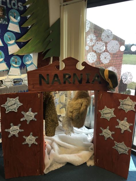 The Lion, The Witch and The Wardrobe Wardrobe classroom display  Narnia KS2 Lion The Witch And The Wardrobe Display, Chronicles Of Narnia Trunk Or Treat, Narnia Classroom Theme, Narnia Classroom, Wardrobe Narnia, Homeschooling Crafts, Narnia Party, Narnia Wardrobe, Reading Corner Classroom