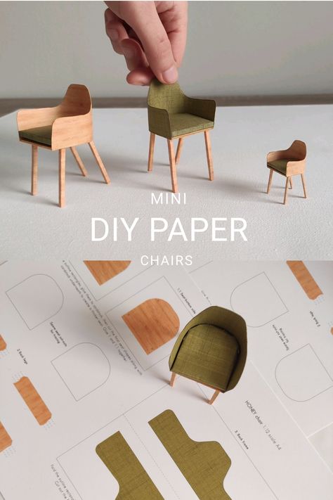 Learn how to create a miniature paper chair model in 1:12 scale with this easy-to-follow DIY tutorial. Perfect for dollhouses, dioramas, or crafting enthusiasts, this project offers a creative outlet to personalize your miniature scenes. Miniature Chair Diy Tutorials, Miniature Cardboard Furniture, Paper Craft Miniature, Interior Model Making, Miniature Rooms Diy, Cafe Diorama, 1 12 Scale Miniatures Diy, Diy Miniatures Tutorials, Miniature House Diy