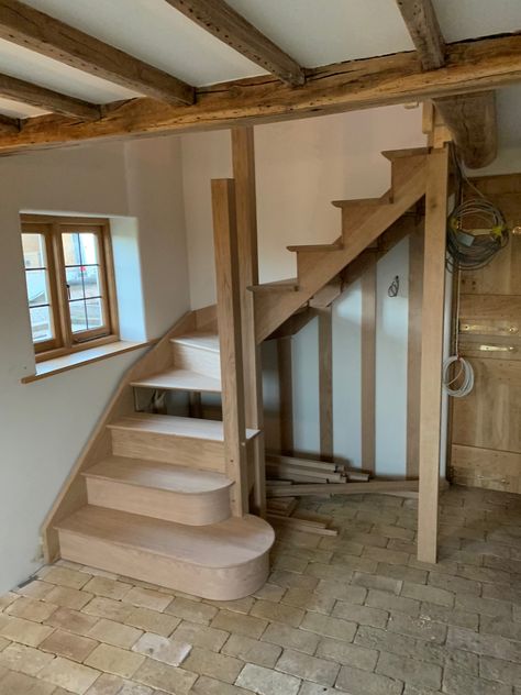 Small Interior Staircase, Stairs In Cottage, Small Area Staircase Ideas, Stairs Farmhouse Ideas, Cottage Stairs And Landing, English Cottage Stairs, Small Cottage Staircase Ideas, Trending Staircase Ideas, Staircase To Attic Room