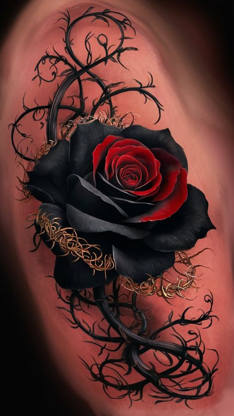 Unveil the intricate beauty of this tattoo idea featuring a stunning black and red rose, gracefully intertwined with long black thorns and shorter golden ones. The contrast of deep red symbolizes passion and love, while the black petals embody mystery and strength. The black thorns represent life's challenges, and the golden ones add a touch of hope and resilience.This design beautifully captures the complexity of emotions, making it a perfect representation of love that thrives amidst adversity Wrap Around Rose Thorn Tattoo, Dark Beauty Tattoos, Falling Rose Tattoo, Leg Rose Tattoos Women, Raven Rose Tattoo, Black Rose Hand Tattoo Men, Black Roses Tattoo Design, Blowing Flower Tattoo, Halloween Rose Tattoo