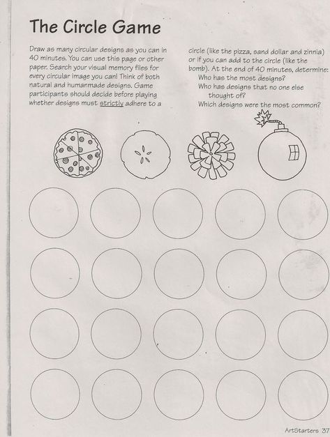 Need a quick artistic exercise to keep your elementary kid busy? Here is a printable of circles. Get creative! How many circle ideas can you think of? #elementaryart #creativity #insideactivity #circles Art Starters, Trin For Trin Tegning, Art Sub Lessons, Art Sub Plans, Classe D'art, Art Handouts, Circle Game, Art Worksheets, Ecole Art