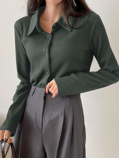 Dark Green Casual Collar Long Sleeve Fabric Plain  Embellished High Stretch Spring/Fall Women Clothing Navy Blue Shirt Outfit, Navy Outfit, Navy Blue Shirts, Kawaii Fashion Outfits, Classy Work Outfits, Easy Trendy Outfits, 가을 패션, Casual Style Outfits, Outfit Inspirationen