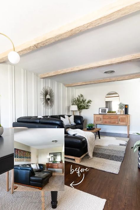 DIY Faux Wood Ceiling Beams with Easy How to Install | ©GarrisonStreetDesignStudio | DIY | Faux Wood | Ceiling | Beams | Easy | How to Install | Ideas | Faux | Fake | Rustic | Low Profile | 8 ft Ceilings | Natural | Light Wood | Faux Beams Low Ceiling | Family Room | Living Room | Foam | Styrofoam | DIY Wood Beams on Ceiling | Adding Wood Beams to Ceiling | Painted | Modern | Installing | White Oak | False Beams Ceilings | DIY Faux Ceiling Beams | Faux Wooden Beams | Rustic Beams Ceiling Adding Beams To Flat Ceiling, Small Beams Ceiling, Adding Wood Beams To Ceiling, Beams Low Ceiling, Rustic Beams Ceiling, Fake Beams Ceiling, False Beams, Styrofoam Diy, Bungalow Makeover