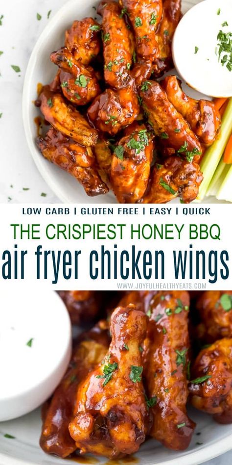 Smothered in a delicious homemade Honey Barbecue Sauce, you'll love these ultra crispy, 20-minute Air Fryer Chicken Wings! Game day appetizers just got even better. #chickenwings #bbqwings #airfryer #chickenrecipes #appetizers #bbqchicken #wingsrecipe #gameday #joyfulhealthyeats #glutenfreerecipes Air Fryer Chicken Wings Honey Bbq, Honey Bbq Wings Air Fryer, Homemade Chicken Wings Air Fryer, Homemade Honey Bbq Sauce, Breaded Chicken Wings, Tender Recipes, Honey Bbq Chicken Wings, Gameday Recipes, Healthy Chicken Wings