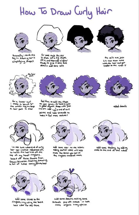 Coil Hair Drawing Reference, Drawing Poofy Hair, Hair Flip Drawing Reference, Black Curly Hair Drawing Reference, Floaty Hair Drawing Reference, Coily Hair Reference Drawing, Long Curly Hair Reference, Curly Bangs Drawing Reference, Textured Hair Drawing