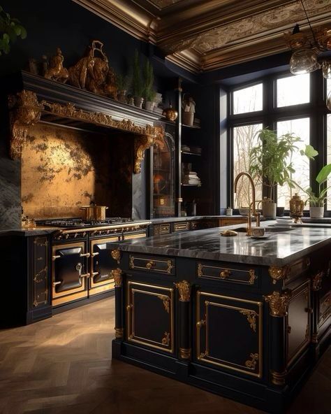 Gothic House Kitchen, Gothic Kitchen Aesthetic, Gothic Victorian Kitchen, Castle Kitchen Aesthetic, Gothic Castles, Black Kitchen Design, Goth Kitchen, Gothic Kitchen, Architectural Ideas