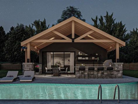 Craftsman Pool House, 050P-0028 Craftsman Pool House, Barn Pool House, Small Pool House, Small Pool Houses, Backyard Pool House, Pool House Cabana, Barn Pool, Pool House Design, Rustic Craftsman